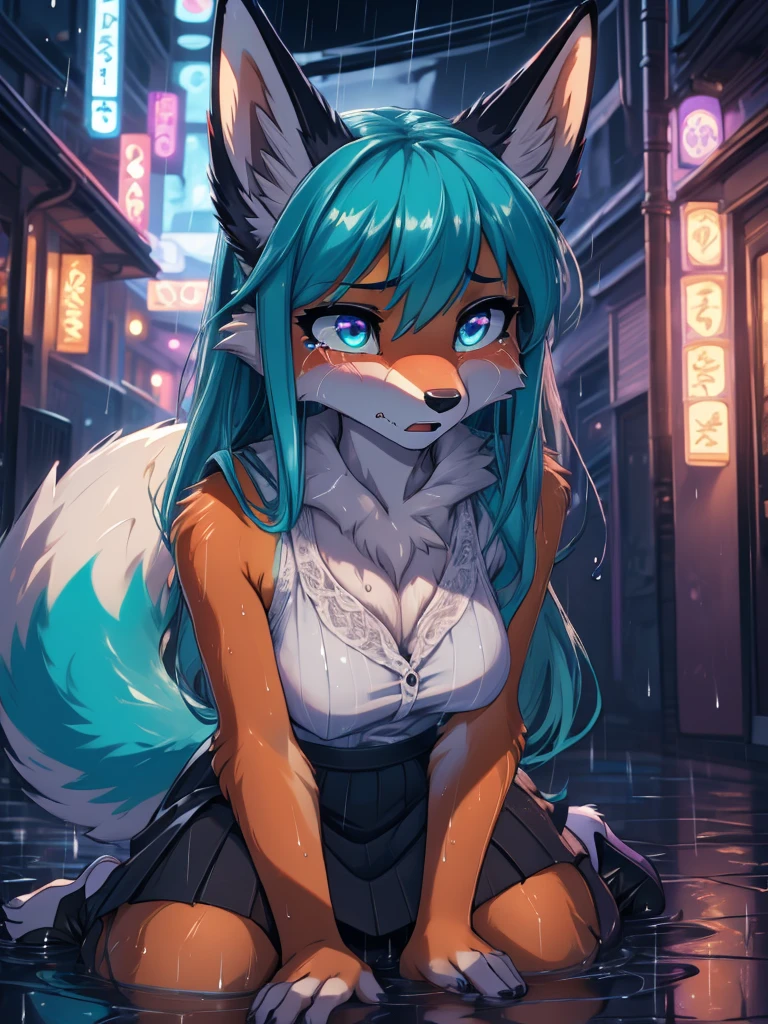 Masterpiece, High Definition, Miku Hatsune x vixen, primer plano  High Definition, jealous, hands together upset, High Definition, purple iris, add_detail:1, full body add_detail:1, kneeling in the rain add_detail:1, body wet from the rain add_detail:1, High Definition, sad little fox, sobbing face add_detail:1, High Definition en su cara add_detail:1, very sadness girl, crying in heavy rain add_detail:1 High Definition, black novel chemisse, black skirt add_detail:1 High Definition, scream in pain, a lot of crying very sad sad ears add_detail:1 