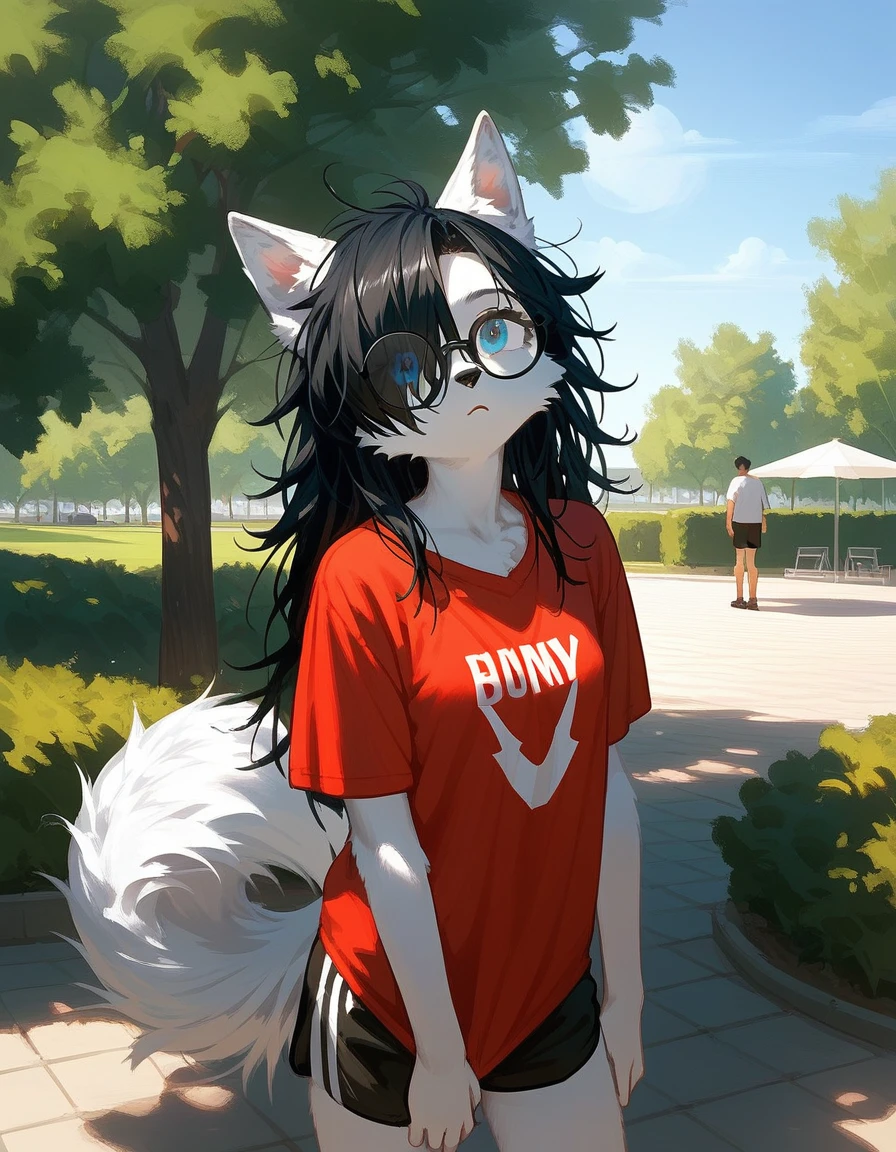 Solo, score_9,score_8_up,score_7_up, a young nerdy Anthro furry wolf woman, wolf snout, white furry body, tall, long black messy hair, black hair, hair in a pony tail, hair covering one eye, white wolf tail, black glasses, blue eyes, white wolf ears, white wolf tail, small breasts, wearing oversized red t shirt, black boy shorts, standing, outdoors, at a park, flinching, shielding her face from the sun, sunny day, looking up, squinting, looking up