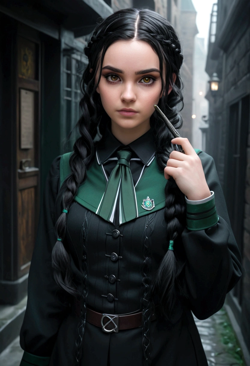 Best Quality, Masterpiece, black wavy hair, Brown eyes, wearing official Slytherin uniform, seeking out, Upper part of the body, lock of hair, White skin, side braids, holding a magic wand, 4k, Gothic, Cyberpunk, realist