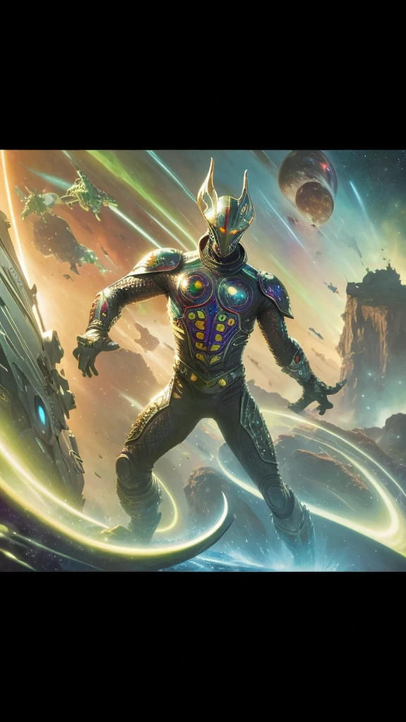 Full body space cosmic Monster seahorse alien in cosmic war,futuristic,art by alex ross and frederic soulacroix