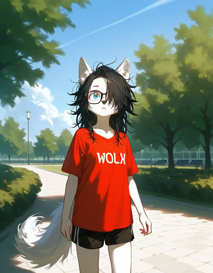 Solo, score_9,score_8_up,score_7_up, a young nerdy Anthro furry wolf woman, wolf snout, white furry body, tall, long black messy hair, black hair, hair in a pony tail, hair covering one eye, black glasses, blue eyes, white wolf ears, white wolf tail, small breasts, wearing oversized red t shirt, black boy shorts, standing, outdoors, at a park, one hand on her forehead, shielding her face from the sun, sunny day, looking up, squinting, looking up