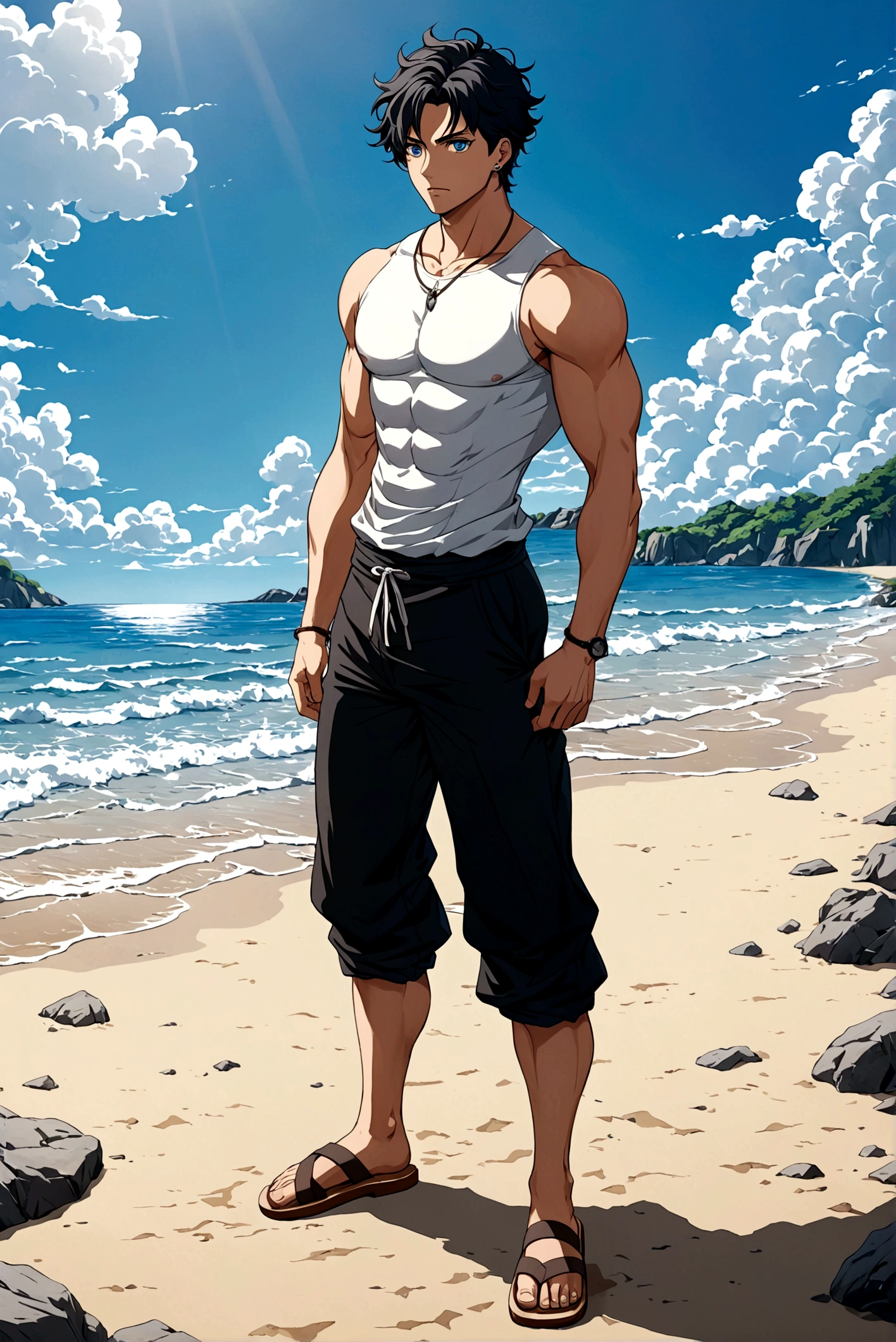 ((best qualityer)), ((work of art)), (detailded), (anime styling) A tall, muscular young man with short black hair and piercing blue eyes in a comfortable outfit wearing a compression shirt and light, baggy black pants and wooden sandals while standing on a beach under a blue sky