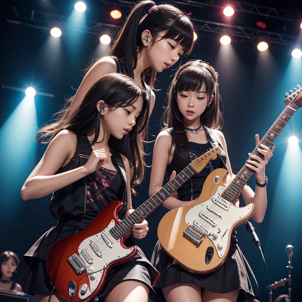 Girls group with electric guitar performing on stage 