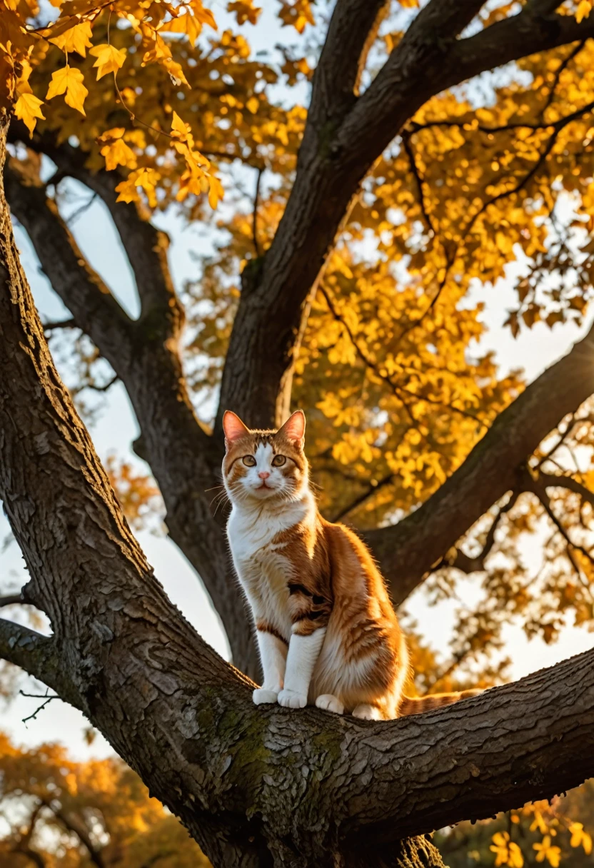 photo of a Cat poised gracefully atop an ancient oak tree, autumn leaves fluttering around, golden hour casting long shadows, backlit, sharp focus on feline, bokeh effect on background foliage, cinematic film still,