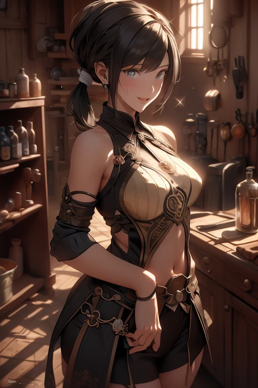 (fantasy:1.5),(anime,8k,masterpiece, top quality, best quality,beautiful and aesthetic:1.2,professional illustrasion:1.1,ultra detail:1.3,perfect lighting),extremely detailed,highest detailed,incredibly absurdres , highres, ultra detailed,intricate:1.6,(Alchemy Workshop:1.4),A girl mixing,Medicine in many small bottles,holding small potion,colorful:1.4,zentangle,(1girl),(girl),(Three kingdoms female warload),(highly detailed beautiful face and eyes,firm breasts),oily skin,((black,hair,short bob with short pony tail hair)),thin pubic hair,cute,lovely,34 years old,alchemist costume,Merchant's Clothing,smile,in the kitchen,smile,seductive weak smiling,(with sparkling eyes and a contagious smile),open mouth, Looking at Viewer,