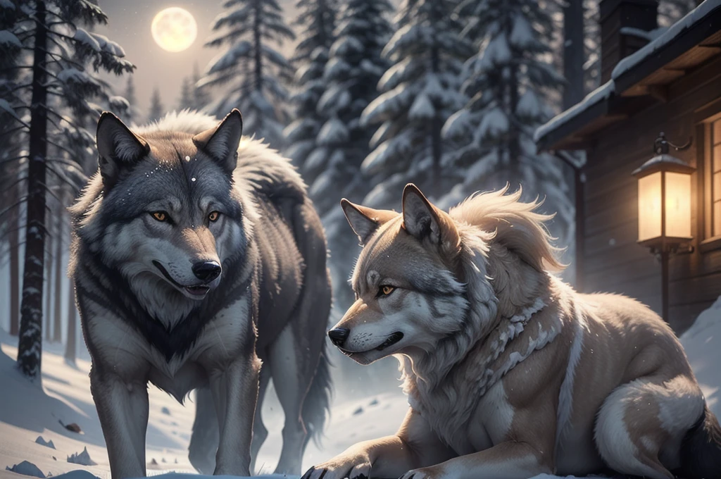 A huge wild gray wolf protecting a beautiful girl with blond hair, snowy forest at night with full moon(masterpiece: 1.5) (photorealistic: 1.1) (bokeh) (best quality) (detailed skin texture pores hair: 1.1) (intricate) (8k) (HDR) (wallpaper) (cinematic lighting) (sharp focus )