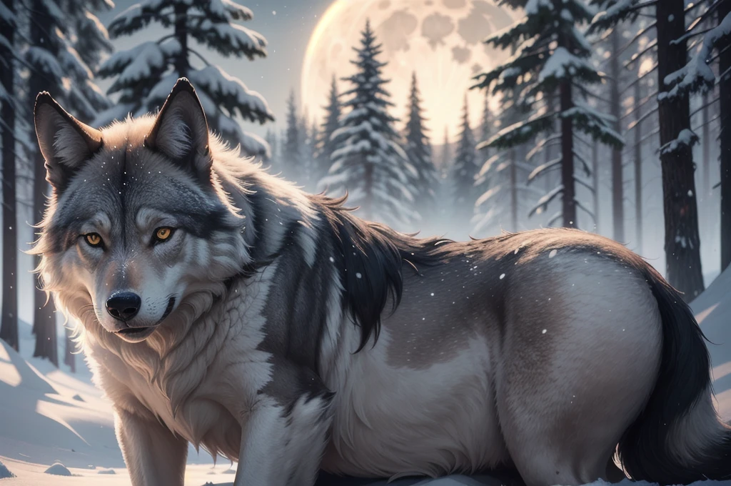 A huge wild gray wolf protecting a beautiful girl with blond hair, snowy forest at night with full moon(masterpiece: 1.5) (photorealistic: 1.1) (bokeh) (best quality) (detailed skin texture pores hair: 1.1) (intricate) (8k) (HDR) (wallpaper) (cinematic lighting) (sharp focus )