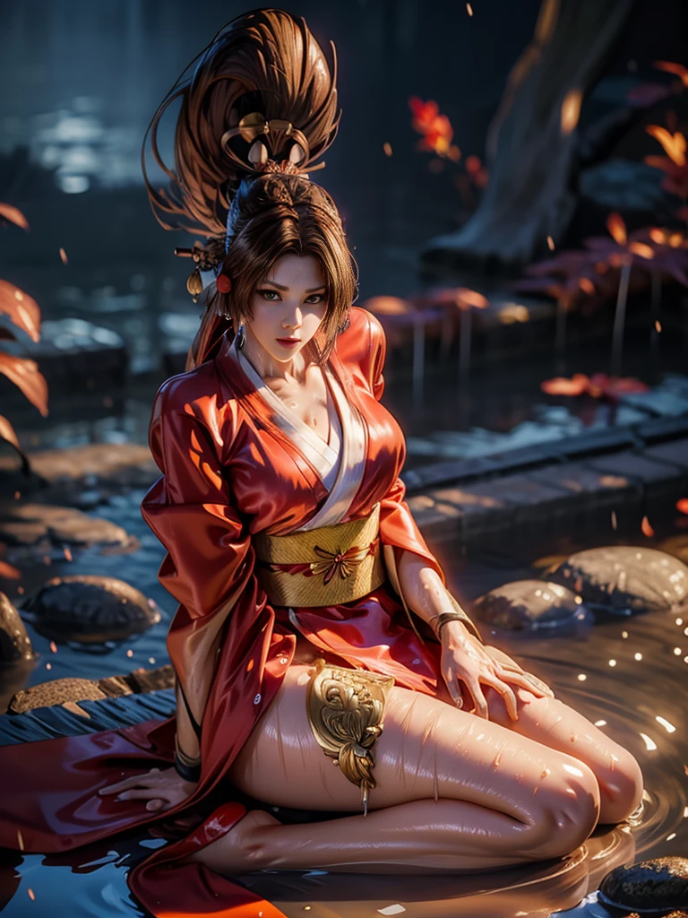 (exquisitely detailed CG unity 8k wallpaper, masterpiece-quality with stunning realism), (best illumination, best shadow), (best quality), (elegant style:1.2), Arti modern anime. angled view, heroic pose, midshot, (cel-shading style:1.3), centered image, ultra detailed closeup portrait of (Mai Shiranui:1) from (King of Fighters), best quality, expressive eyes, perfect face, highres, (ultra details), 1 girl, solo, brown hair, hair ornament, eyeshadow, gold, white and red qipao, highly ornamented, in the city of Japan, portrait, looking at the viewer, piercing eyes, full body, (light from the angle:1) (wind blowing:1.2).(depth of field effects:1.3) (motion action:1.2) (closeup:1.2) (motion blur effects:1), spreading feet, Thin to transparent,see-through,(((Soggy-kimono:1.2))),Lace fabric, (((water-immersed body: 0.9))),jewelry, relaxing pose, (holding an oriental fan:1), (sitting:1) (relaxed hands pose:1)