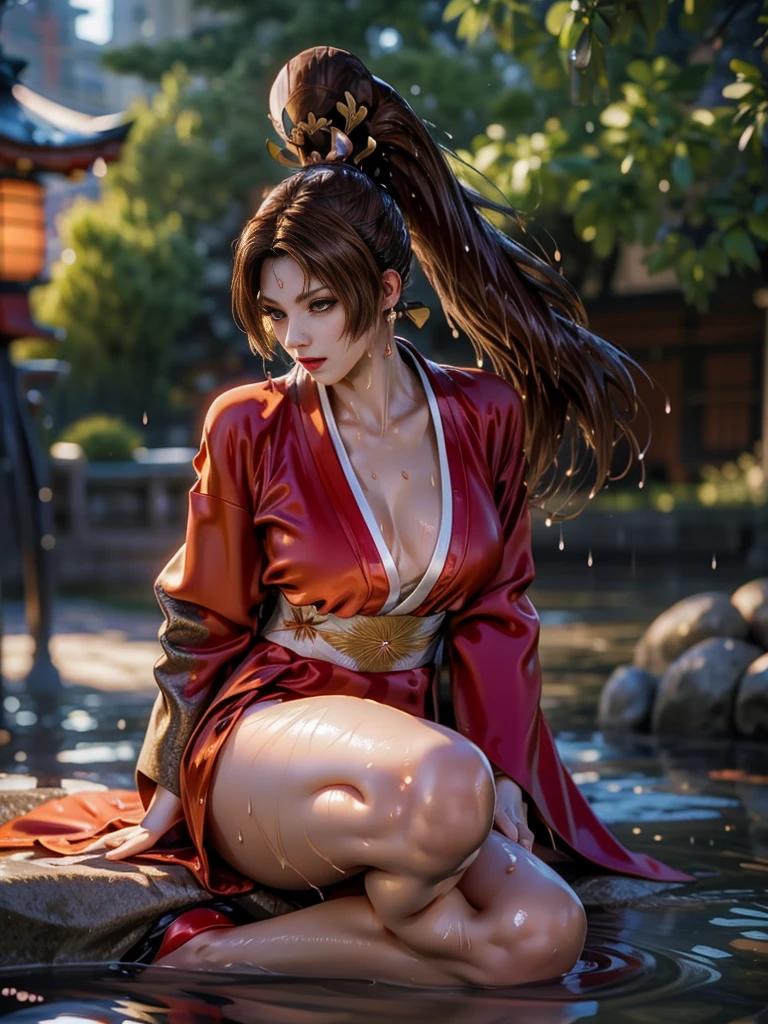 (exquisitely detailed CG unity 8k wallpaper, masterpiece-quality with stunning realism), (best illumination, best shadow), (best quality), (elegant style:1.2), Arti modern anime. angled view, heroic pose, midshot, (cel-shading style:1.3), centered image, ultra detailed closeup portrait of (Mai Shiranui:1) from (King of Fighters), best quality, expressive eyes, perfect face, highres, (ultra details), 1 girl, solo, brown hair, hair ornament, eyeshadow, gold, white and red qipao, highly ornamented, in the city of Japan, portrait, looking at the viewer, piercing eyes, full body, (light from the angle:1) (wind blowing:1.2).(depth of field effects:1.3) (motion action:1.2) (closeup:1.2) (motion blur effects:1), spreading feet, Thin to transparent,see-through,(((Soggy-kimono:1.2))),Lace fabric, (((water-immersed body: 0.9))),jewelry, relaxing pose, (holding an oriental fan:1), (sitting:1) (relaxed hands pose:1)