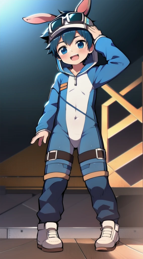 2D Shonen Shota，One-piece mountaineering suit，Slim, healthy body，Put the headphones on your head，stand up，goggles，Rabbit ears，Happy，Sailor collar，tie，zipper，hood，