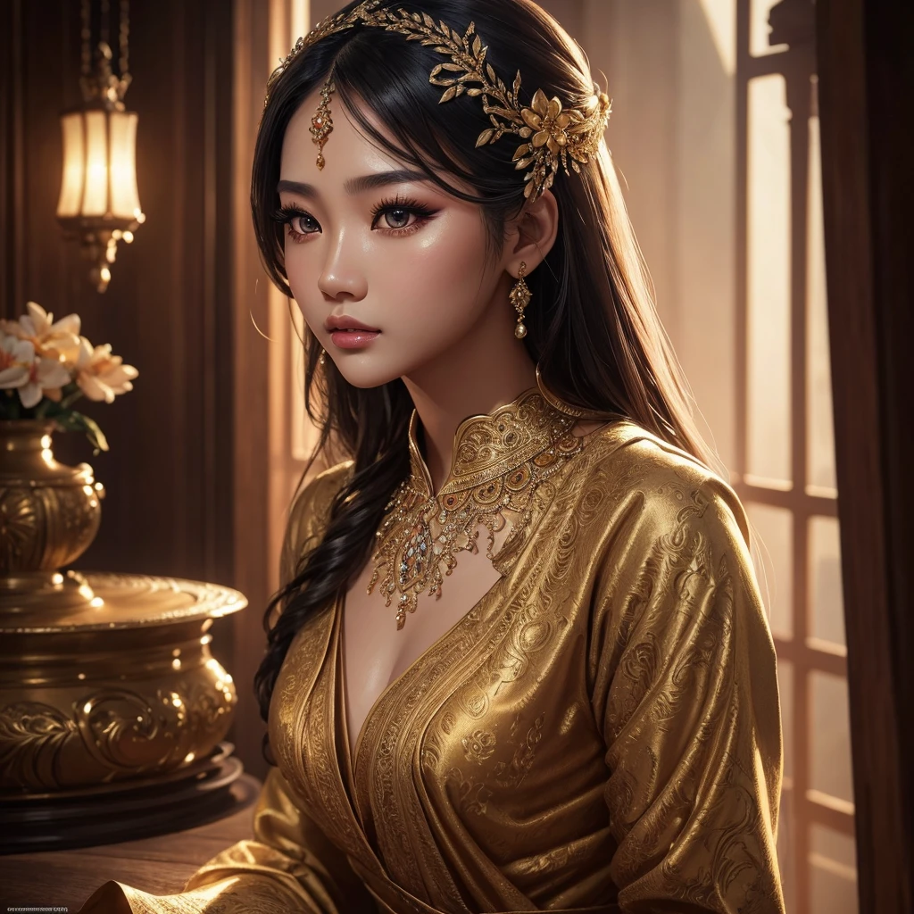 beautiful detailed eyes, beautiful detailed lips, extremely detailed eyes and face, long eyelashes, 1girl, beautiful Thai woman, elegant pose, beautiful fashion dress, natural lighting, photorealistic, oil painting, hyper detailed, cinematic lighting, vibrant colors, dramatic shadows, intricate details, masterpiece
