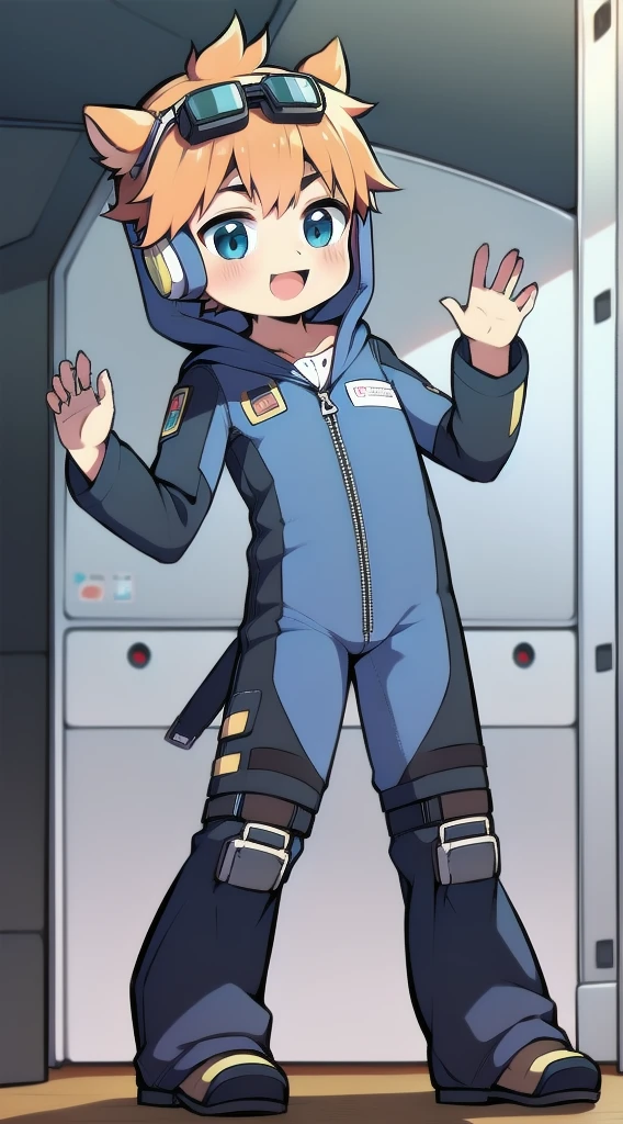 2D Shonen Shota,One-piece mountaineering suit,Slim, healthy body,Put the headphones on your head,stand up,goggles,Rabbit ears,Happy,Sailor collar,tie,zipper,hood,