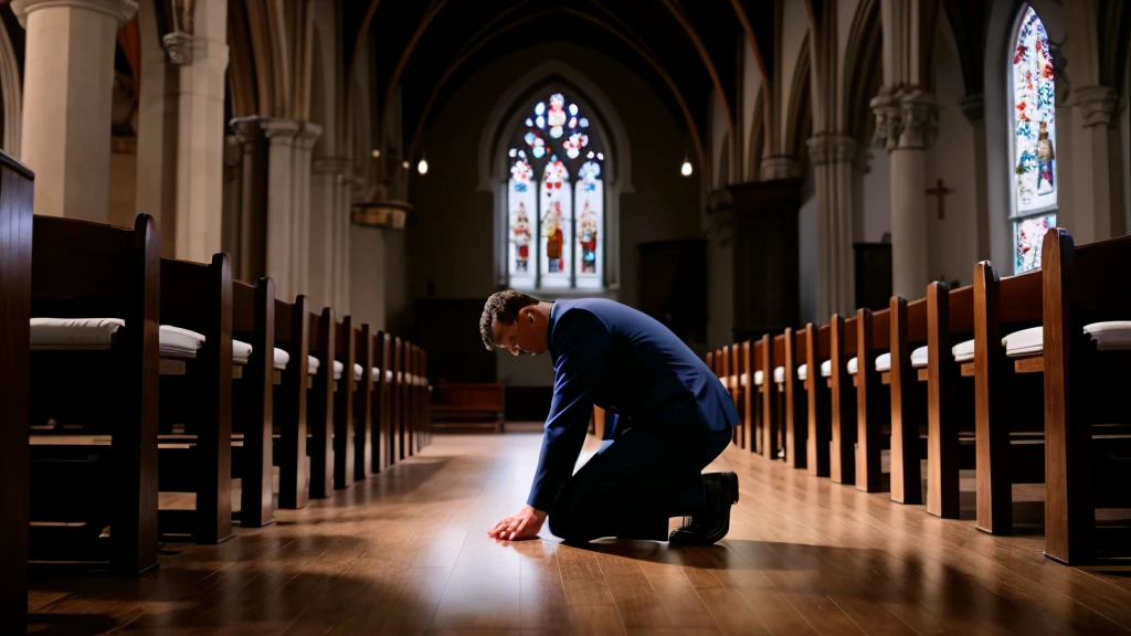 image of man on his knees praying in a church 