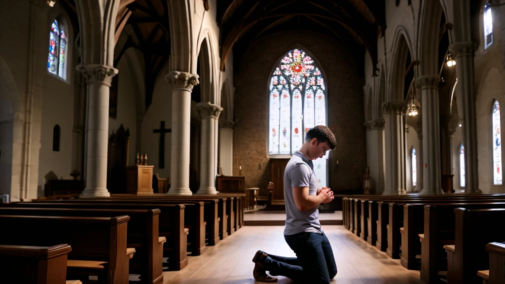 image of man on his knees praying in a church 