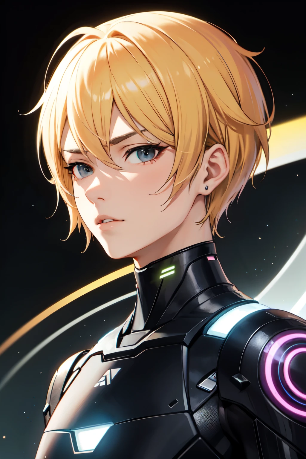 create a futuristic male avatar with short blonde hair, black eyes using artificial intelligence background theme