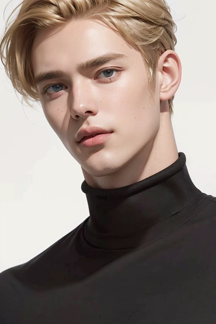 handsome male ,upper body portrait, sweater, detailed short hair，white skin, blonde hair，serious face，handsome boys，realistic photo, hyperdetailed, ((blonde hair man)), (aqua eyes), handsome man, there is a man lying in bed with a necklace around his neck, high-necked blouse, black high-necked blouse, hyperrealistic, tumblr, epic, smooth and pale skin, background, background with bokeh effect, blond hair, solid circle eyes, ccurate, hyperrealism, Surrealism, drop shadow, 8k, super detail, best quality, UHD, masterpiece, anatomically correct, UHD, masterpiece, anatomically correct, textured skin, super detail, high details, high quality, 16k, 1080P, 4K, 8k, straight hair, , Realism,