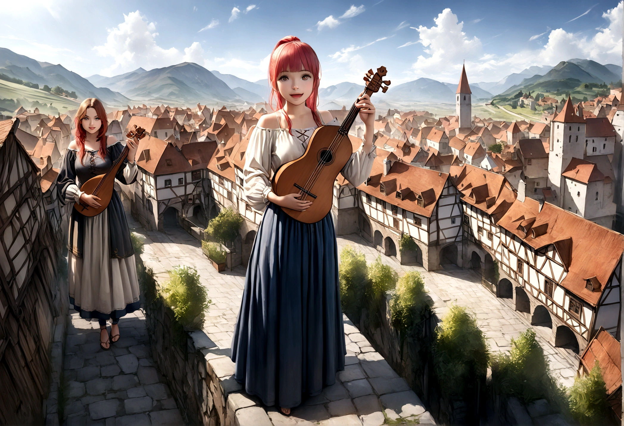 (((Top quality, 4k, 8k, high resolution, masterpiece: 1.2))), (super detailed), (realistic), (photorealistic), (photorealistic: 1.37), (HDR, UHD), (studio (lighting)), ultra-fine drawing, sharp focus, physically based rendering, highly detailed, professional, vibrant colors, perfect ditaile hand, highly detailed realistic eyes, girl, one girl, multiple girls, A lot of girls, smile, open mouth, close mouth, short hair, medium hair, medium length, long hair, ponytail, red hair, blue hair, blonde hair, green hair, pink hair, medieval European clothing, Citizen's Clothing from Medieval Europe, miniskirt, mid-length skirt, long skirt, chinos pants, (((playing the lute))), Medieval European town, Countryside, Medieval European rural village, Rural grassland, Mountain view, Rural river, Irrigation canal, anime, cartoon, kawaii, qute, (((Long shot, Panorama, Distant view, Vast landscape))), knees, feet, looking at viewer,