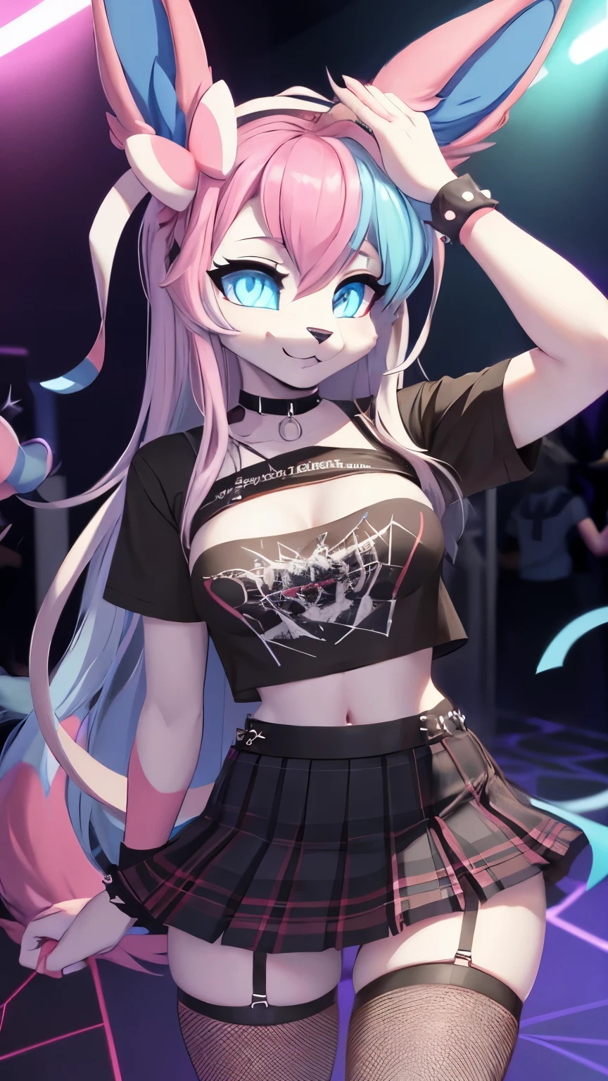 best quality,best resolution,(fluffy anthro furry :1.3),Sylveon,cyan eyes,glowing eyes,neon eyes,glistering eyes,medium breasts,(party club),eye close,looking at viewer,front view,Sylveon,ager (18 years old),(neon lights,party rave),long hair,(punk),plaid skirt,fishnets,black t-shirt,choker,multicolored hair,bent over
