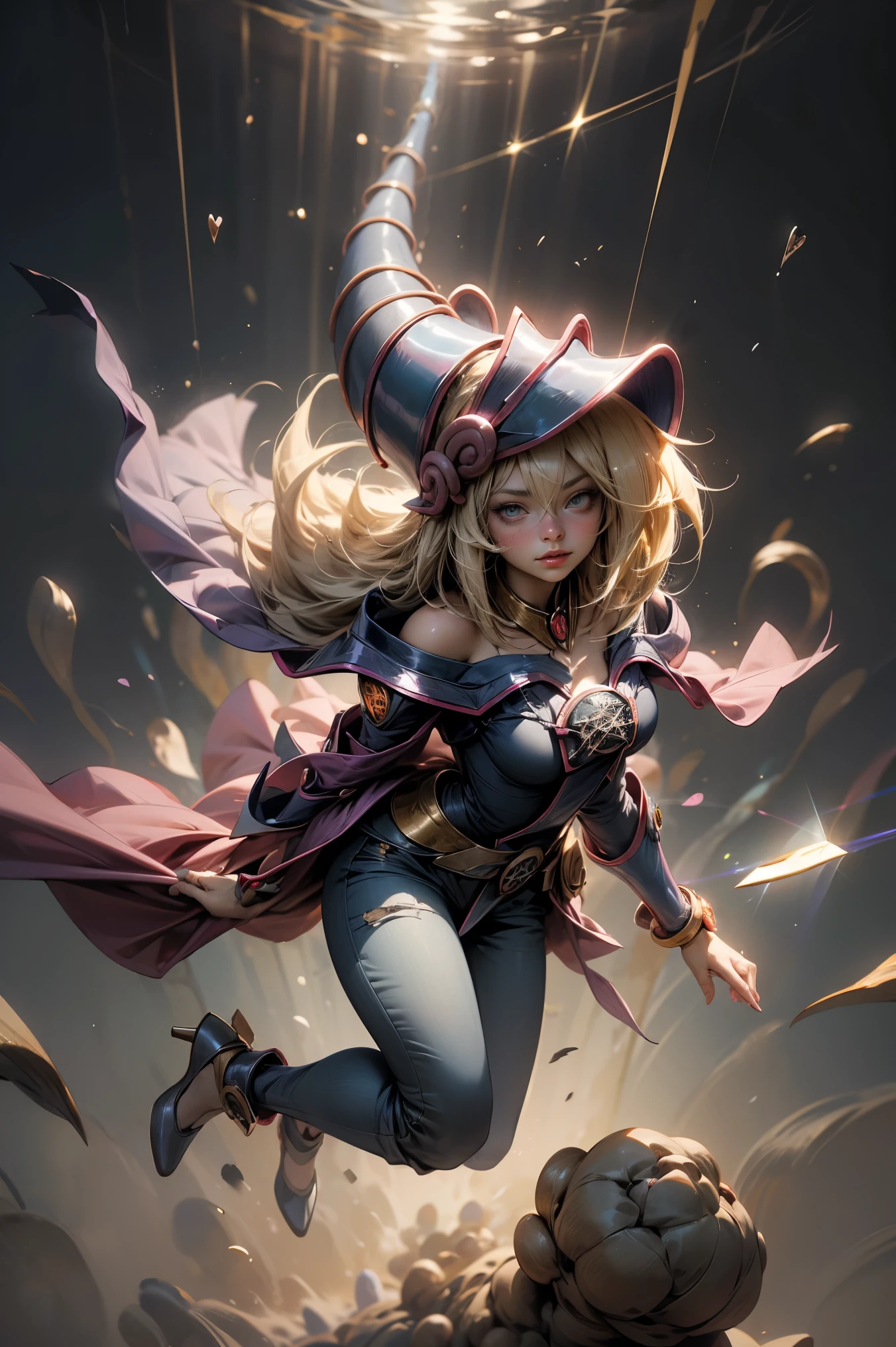 (Masterpiece:1.2), (The best quality:1.2), perfect lighting, Dark Magician Girl casting a spell, in battle. floating in the air, big and visible tits, wear jeans and heels. transparent neckline, blue robe, big hat, From above, sparkles, Yugioh game, The magic of the heart, romantic heart.