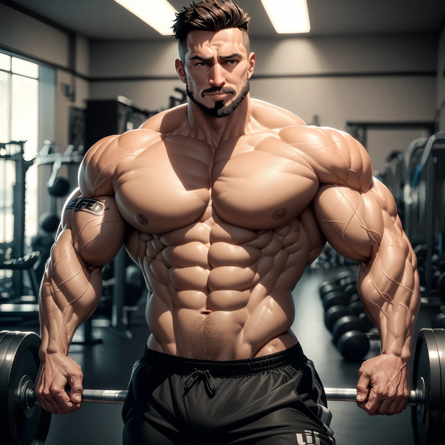 arafed man with a beard and a beardless face is holding a barbell, exaggerated muscle physique, massive muscles, large muscles, exaggerated physique, big wide broad strong physique |, absurdly massive physique, exaggeratedly large physique, huge muscles, extremely muscular, big muscles, bulging muscles, bodybuilder physique, extreme muscles, exaggerated muscles