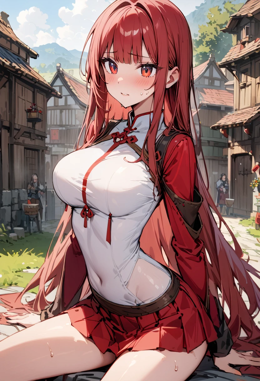 ((masterpiece,Highest quality:1.3)),1woman,30 year old beauty,独奏,((very small head:1.3)),red hair,long hair,blunt bangs,red eyes,gorgeous eyes,shy,medium breasts,((very long body:1.2)),((toned body,slender body,)),skinny,gleaming skin,shiny skin,sweat,((Red pleated mini skirt)),(White Henley Shirt、Long sleeve),((Red mini skirt))、rural area、sunny、Medieval Europe、