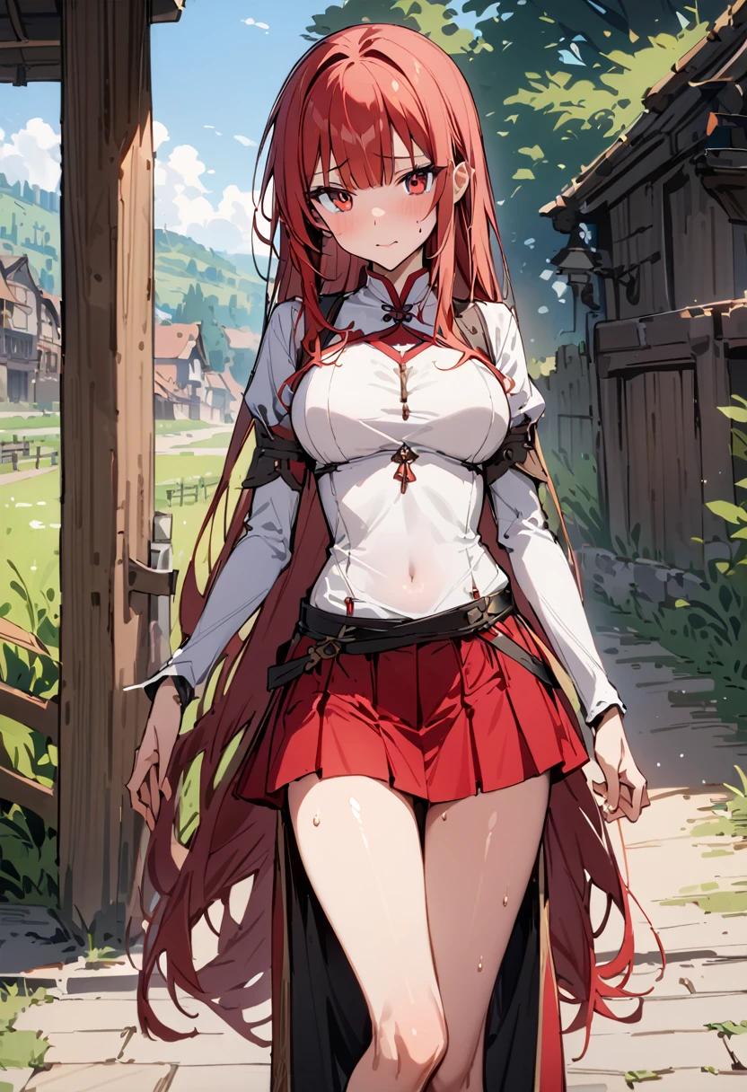((masterpiece,Highest quality:1.3)),1woman,30 year old beauty,独奏,((very small head:1.3)),red hair,long hair,blunt bangs,red eyes,gorgeous eyes,shy,medium breasts,((very long body:1.2)),((toned body,slender body,)),skinny,gleaming skin,shiny skin,sweat,((Red pleated mini skirt)),(White Henley Shirt、Long sleeve),((Red mini skirt))、rural area、sunny、Medieval Europe、