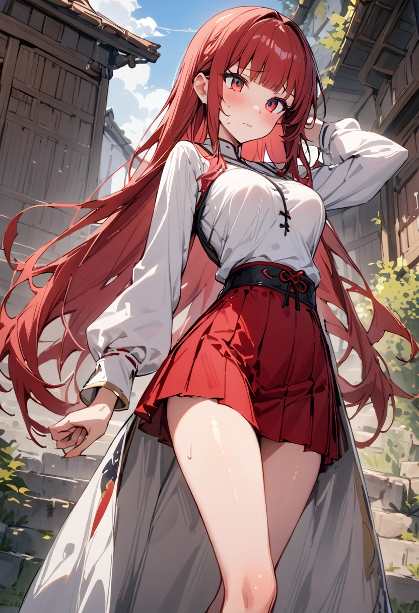 ((masterpiece,Highest quality:1.3)),1woman,30 year old beauty,独奏,((very small head:1.3)),red hair,long hair,blunt bangs,red eyes,gorgeous eyes,shy,medium breasts,((very long body:1.2)),((toned body,slender body,)),skinny,gleaming skin,shiny skin,sweat,((Red pleated mini skirt)),(White Henley Shirt、Long sleeve),((Red mini skirt))、rural area、sunny、Medieval Europe、