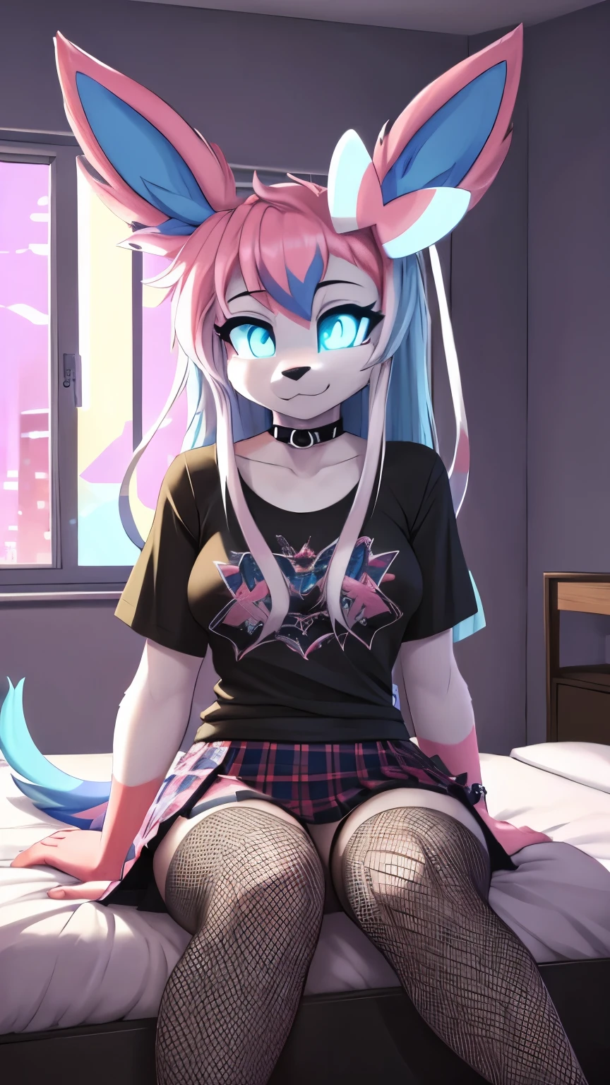 best quality,best resolution,(fluffy anthro furry :1.3),Sylveon,cyan eyes,glowing eyes,neon eyes,glistering eyes,medium breasts,(bedroom, sunstet),eye close,looking at viewer,front view,Sylveon,teenager (18 years old),(neon lights),long hair,(punk),plaid skirt,fishnets,black t-shirt,choker,multicolored hair,sitting on bed