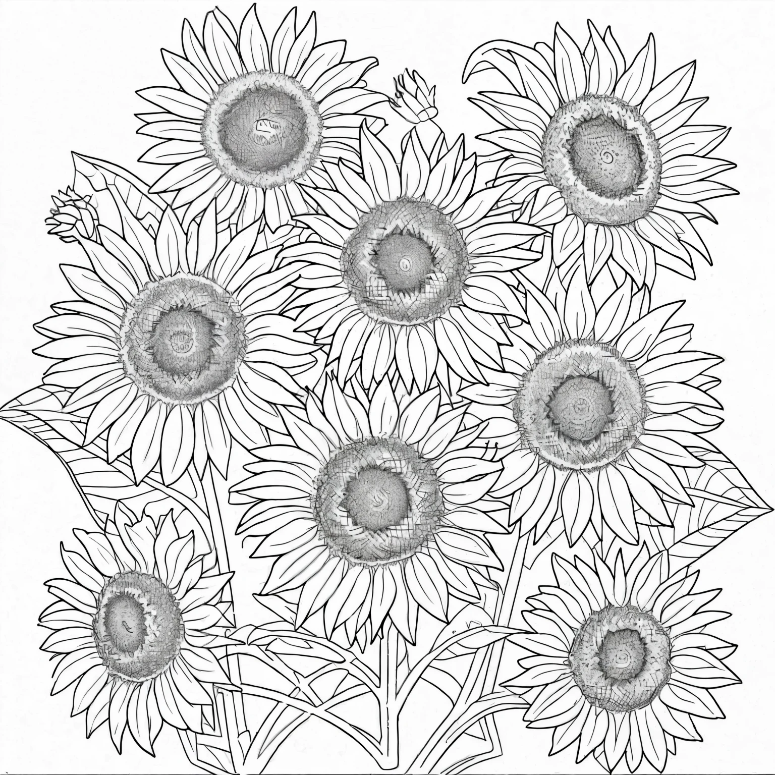 Generate a delightful 2D line art illustration for a kids' coloring book, one Sunflower. with clear outlines. line art, 2d,
