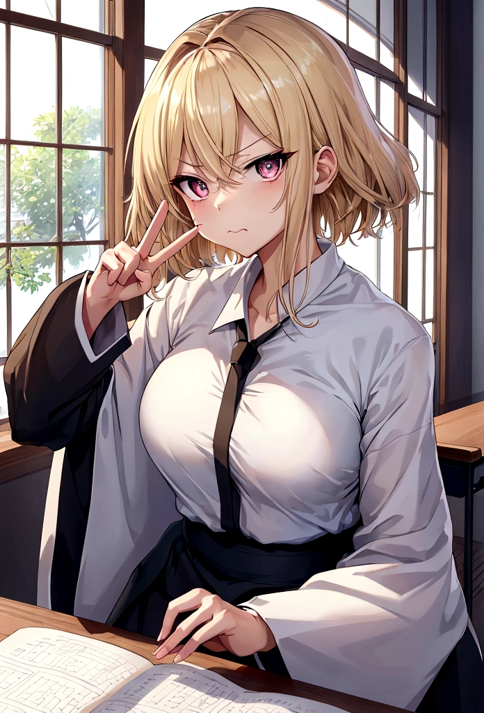 Contour: 柔らかく丸みを帯びたContour 目: Cute eyes 、Eye color:Black、expression: Angry mouth hairstyle: Short Hair Body: Upper body wrapped in a futon: Vibrant and warm colors16Year old , Big eyes, Large Breasts, Small and slim, 8K, Highest quality, (Highly detailed head: 1.0), (Highly detailed face: 1.0), (Very fine hair: 1.0), uniform, Highly detailed official artwork, Anime Moe Art Style, Beautiful and detailed anime art, , Blonde, sleek long hair、Pink nape、place:sitting at a desk in the classroom、posture:Turning around and pointing at a peace sign