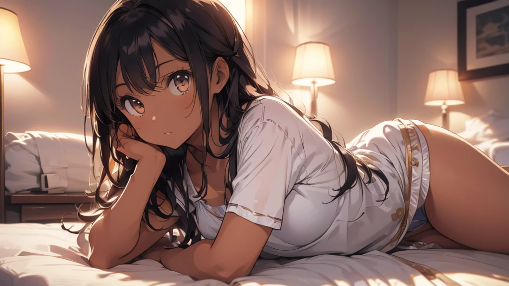 best god quality, Ultra-detailed, perfect Anatomy, (Draw a girl laying in a hotel bed), 1girl, is a soft beautiful tan girl, pajama aesthetic, dark skin giel, tanline skin, (dark skin*2), (black + wavy hair*1.2), Full limbs, complete fingers, groin, Beautiful gold eyes, well-proportioned tan giil, smug eyes, pajama clothing, in a dark hotel room, High resolution, Best lighting by professional AI, hotel room, lights are off, looking at viewer, (((One girl in middle))), (((SOLO))), (they are laying down in bed) ((bed sheets over body))