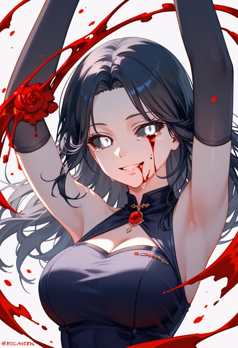 masterpiece, zoom out, score_9, score_8_up, score_7_up, portrait, 1 girl, alone, black hair, long hair, long parted bangs, white eyes, black sclera, (blood tears, small smile), evil, parted lips, expressionless, big breasts, upper body, V-neck strap basic dress, black bottom, best quality, long split bangs, Long parted bangs, Tokyo revengers
