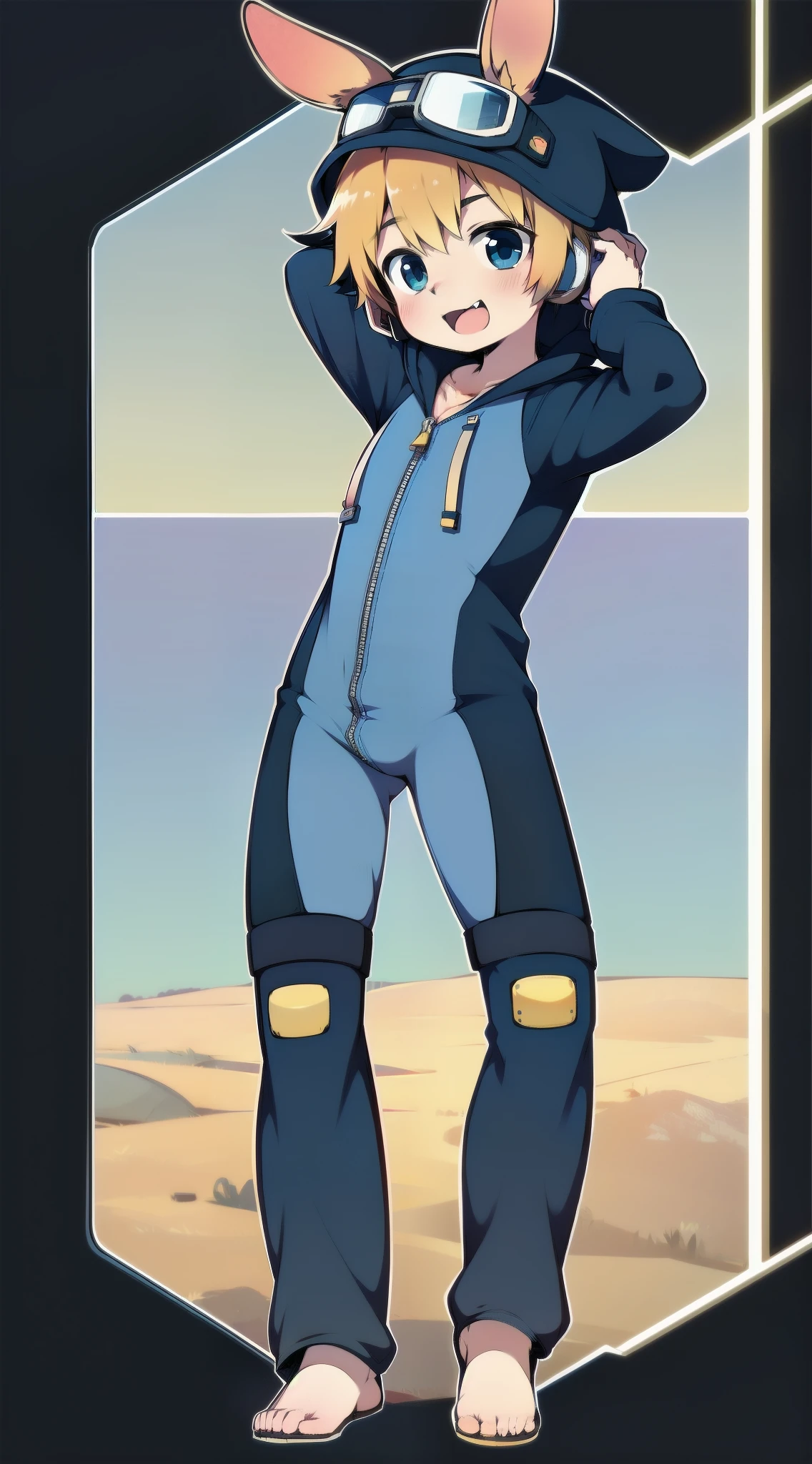 2D Shonen Shota，One-piece mountaineering suit，Slim, healthy body，Put the headphones on your head，stand up，goggles，Rabbit ears，Happy，Sailor collar，tie，zipper，hood，