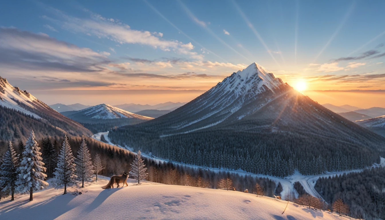 a National Geographic nature shot of a wolf sitting on a snowy mountain, watching the sun rises, the transition between night and day, the snow forest mountain range, a silver (dire wolf: 1.3), sitting on top of a (snowy mountain: 1.4), he sees the forest in the mountains, there pine trees, snow, a river flows between the mountains, the forest is reflected in rays of sunset in river, divine rays, some clouds, sun rays,  (highest quality:1.2, Very detailed, up to date, Vibrant, Ultra-high resolution, High Contrast, masterpiece:1.2, highest quality, Best aesthetics), best details, best quality, highres, ultra wide angle, 16k, [ultra detailed], masterpiece, best quality, (extremely detailed: 1.5), aetherpunkai, Cinematic Hollywood Film style