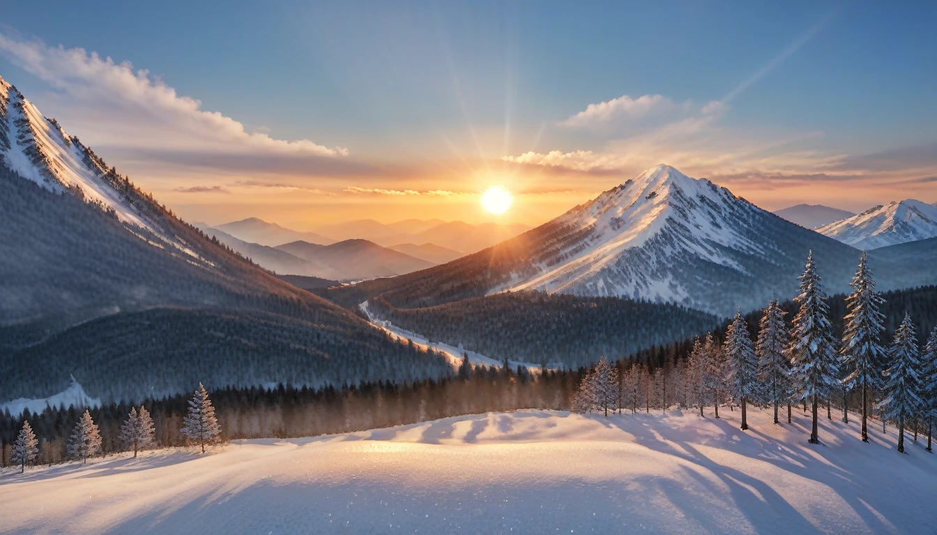 a National Geographic nature shot of a wolf sitting on a snowy mountain, watching the sun rises, the transition between night and day, the snow forest mountain range, a silver (dire wolf: 1.3), sitting on top of a (snowy mountain: 1.4), he sees the forest in the mountains, there pine trees, snow, a river flows between the mountains, the forest is reflected in rays of sunset in river, divine rays, some clouds, sun rays,  (highest quality:1.2, Very detailed, up to date, Vibrant, Ultra-high resolution, High Contrast, masterpiece:1.2, highest quality, Best aesthetics), best details, best quality, highres, ultra wide angle, 16k, [ultra detailed], masterpiece, best quality, (extremely detailed: 1.5), aetherpunkai, Cinematic Hollywood Film style