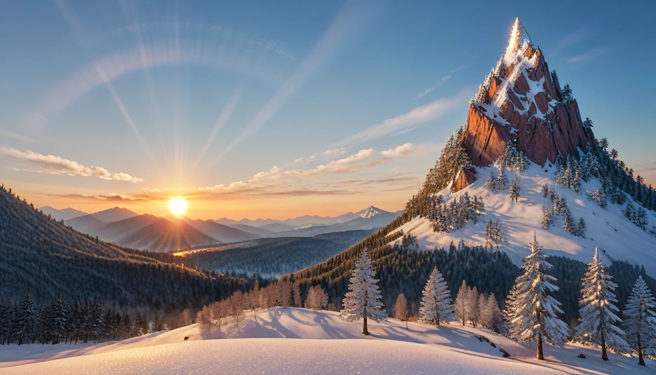 a National Geographic nature shot of a wolf sitting on a snowy mountain, watching the sun rises, the transition between night and day, the snow forest mountain range, a silver (dire wolf: 1.3), sitting on top of a (snowy mountain: 1.4), he sees the forest in the mountains, there pine trees, snow, a river flows between the mountains, the forest is reflected in rays of sunset in river, divine rays, some clouds, sun rays,  (highest quality:1.2, Very detailed, up to date, Vibrant, Ultra-high resolution, High Contrast, masterpiece:1.2, highest quality, Best aesthetics), best details, best quality, highres, ultra wide angle, 16k, [ultra detailed], masterpiece, best quality, (extremely detailed: 1.5), aetherpunkai, Cinematic Hollywood Film style