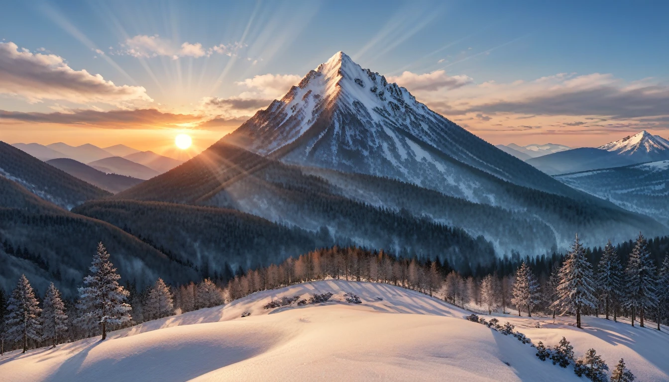 a National Geographic nature shot of a wolf sitting on a snowy mountain, watching the sun rises, the transition between night and day, the snow forest mountain range, a silver (dire wolf: 1.3), sitting on top of a (snowy mountain: 1.4), he sees the forest in the mountains, there pine trees, snow, a river flows between the mountains, the forest is reflected in rays of sunset in river, divine rays, some clouds, sun rays,  (highest quality:1.2, Very detailed, up to date, Vibrant, Ultra-high resolution, High Contrast, masterpiece:1.2, highest quality, Best aesthetics), best details, best quality, highres, ultra wide angle, 16k, [ultra detailed], masterpiece, best quality, (extremely detailed: 1.5), aetherpunkai, Cinematic Hollywood Film style