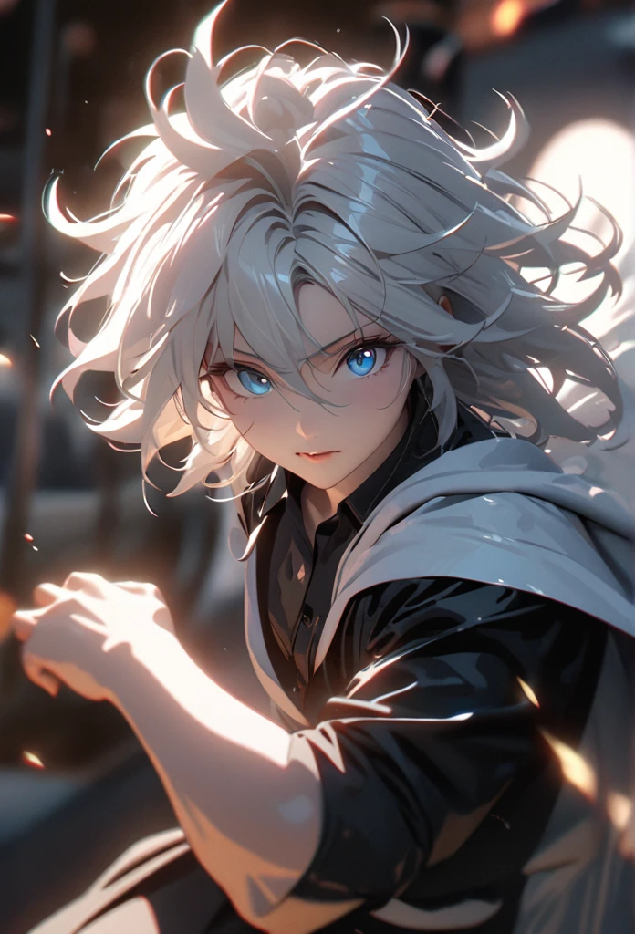 (solo), white hair, messy hair, mane hair, short hair, dense hair, wild hair, expressive hair, mature,(25 year old), pale skin, blue eyes, ((male)), wearing a black dress shirt, wearing a white cloak,, rolled up sleeves, handsome, attractive, eye reflection, depth of field, blue thunder aura, blue cinematic lighting, ray tracing, depth of field, cinematic lighting, ray tracing, UHD, high details, best quality, highres, high quality, award winning, super detail, masterpiece, 8k, UHD, high details, best quality, highres, high quality, award winning, super detail, masterpiece, 8k, digital art, anime coloring, full body shot, body shot, In a fighting position, Hand to hand combat, good face, perfect face, detailed face, good eyes, looking towards the screen.