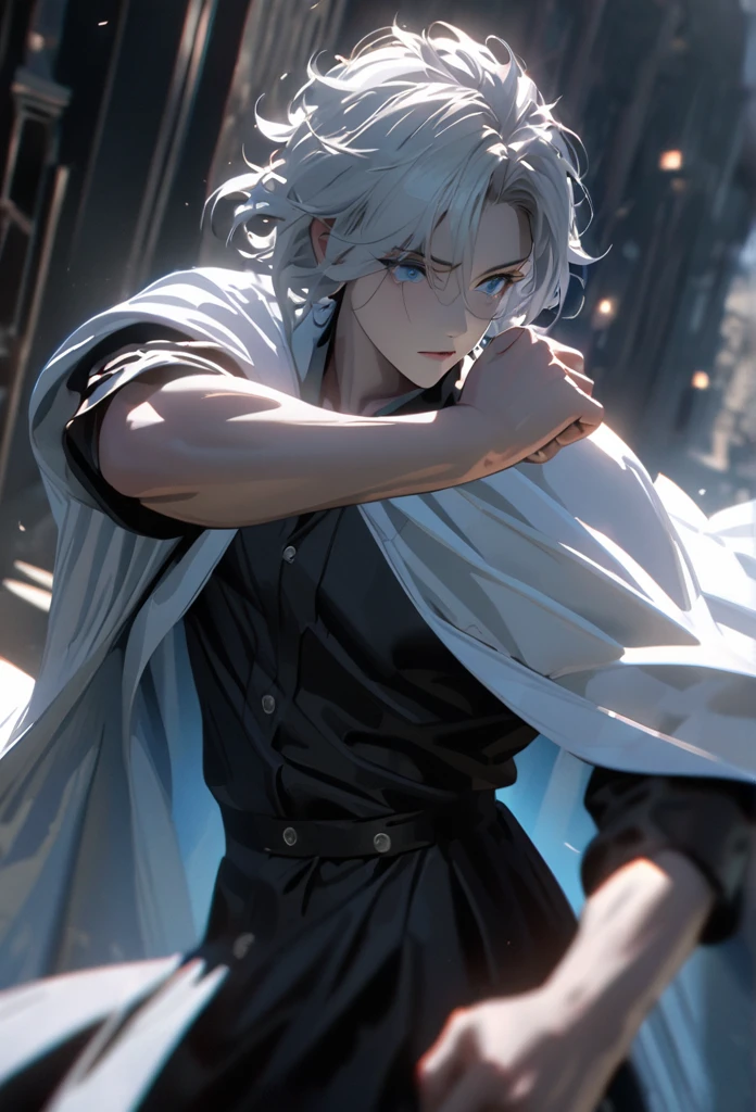 (solo), white hair, messy hair, mane hair, short hair, dense hair, wild hair, expressive hair, mature,(25 year old), pale skin, blue eyes, ((male)), wearing a black dress shirt, wearing a white cloak,, rolled up sleeves, handsome, attractive, eye reflection, depth of field, blue thunder aura, blue cinematic lighting, ray tracing, depth of field, cinematic lighting, ray tracing, UHD, high details, best quality, highres, high quality, award winning, super detail, masterpiece, 8k, UHD, high details, best quality, highres, high quality, award winning, super detail, masterpiece, 8k, digital art, anime coloring, full body shot, body shot, In a fighting position, Hand to hand combat, good face, perfect face, detailed face, good eyes, looking towards the screen.