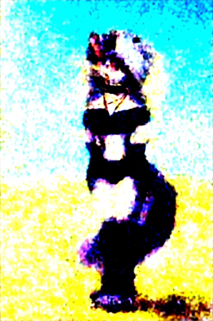 masterpiece, best quality, loona hellhound, loonacroptop, loonashorts, detailed face, detailed eyes, (slit pupils, white eyes), red sclera, happy, [smile, [spiked collar]], pentagram, fingerless gloves, black bikini, digitigrade, standing, beach, sunny 