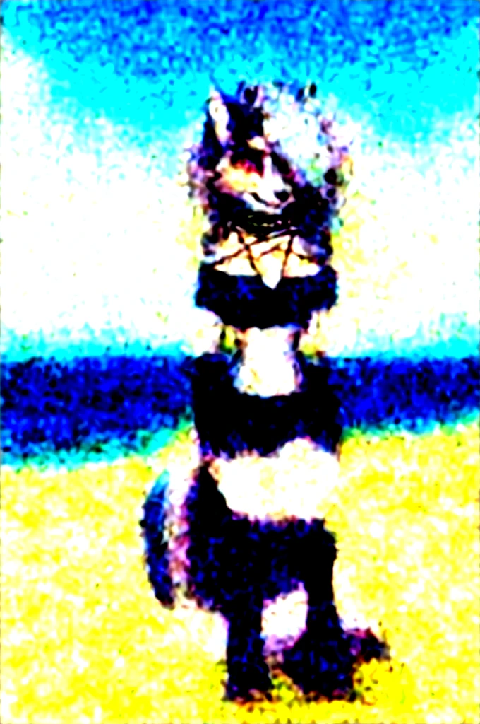masterpiece, best quality, loona hellhound, loonacroptop, loonashorts, detailed face, detailed eyes, (slit pupils, white eyes), red sclera, happy, [smile, [spiked collar]], pentagram, fingerless gloves, black bikini, digitigrade, standing, beach, sunny 