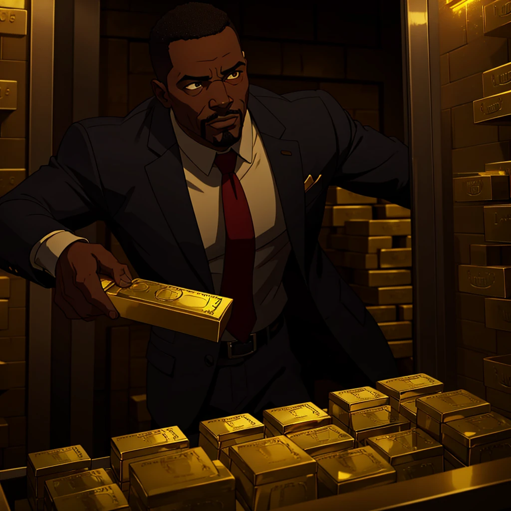 inside a federal bank vault, cash, gold bricks, black man counting cash, cinematic action, masterpiece, super detail, textured skin, atmospheric perspective,