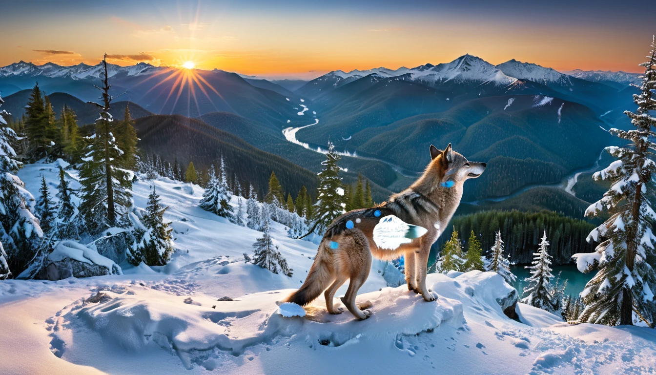 a National Geographic nature shot of a wolf sitting on a snowy mountain, watching the sun rises, the transition between night and day, the snow forest mountain range, a silver (dire wolf: 1.3), sitting on top of a (snowy mountain: 1.4), he sees the forest in the mountains, there pine trees, snow, a river flows between the mountains, the forest is reflected in rays of sunset in river, divine rays, some clouds, sun rays,  (highest quality:1.2, Very detailed, up to date, Vibrant, Ultra-high resolution, High Contrast, masterpiece:1.2, highest quality, Best aesthetics), best details, best quality, highres, ultra wide angle, 16k, [ultra detailed], masterpiece, best quality, (extremely detailed: 1.5), aetherpunkai, Cinematic Hollywood Film style