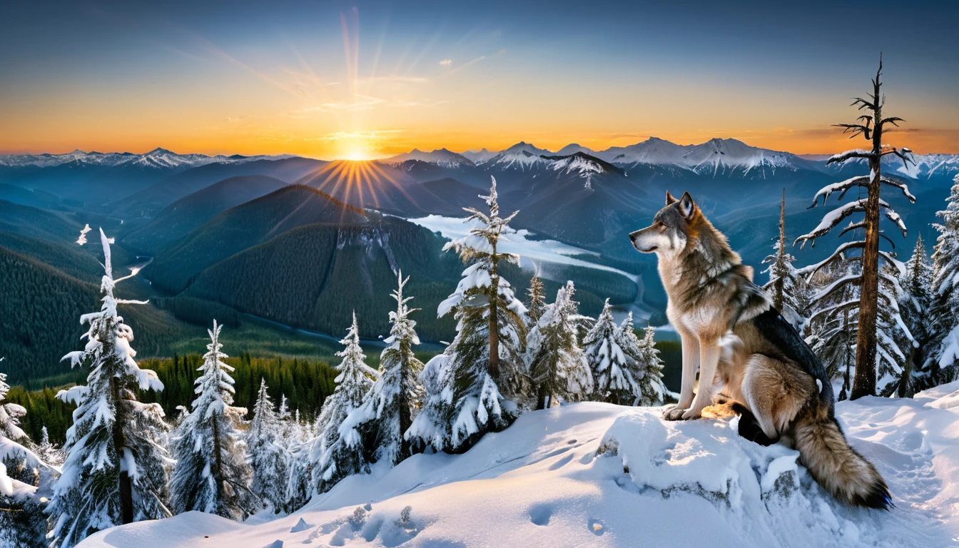 a National Geographic nature shot of a wolf sitting on a snowy mountain, watching the sun rises, the transition between night and day, the snow forest mountain range, a silver (dire wolf: 1.3), sitting on top of a (snowy mountain: 1.4), he sees the forest in the mountains, there pine trees, snow, a river flows between the mountains, the forest is reflected in rays of sunset in river, divine rays, some clouds, sun rays,  (highest quality:1.2, Very detailed, up to date, Vibrant, Ultra-high resolution, High Contrast, masterpiece:1.2, highest quality, Best aesthetics), best details, best quality, highres, ultra wide angle, 16k, [ultra detailed], masterpiece, best quality, (extremely detailed: 1.5), aetherpunkai, Cinematic Hollywood Film style