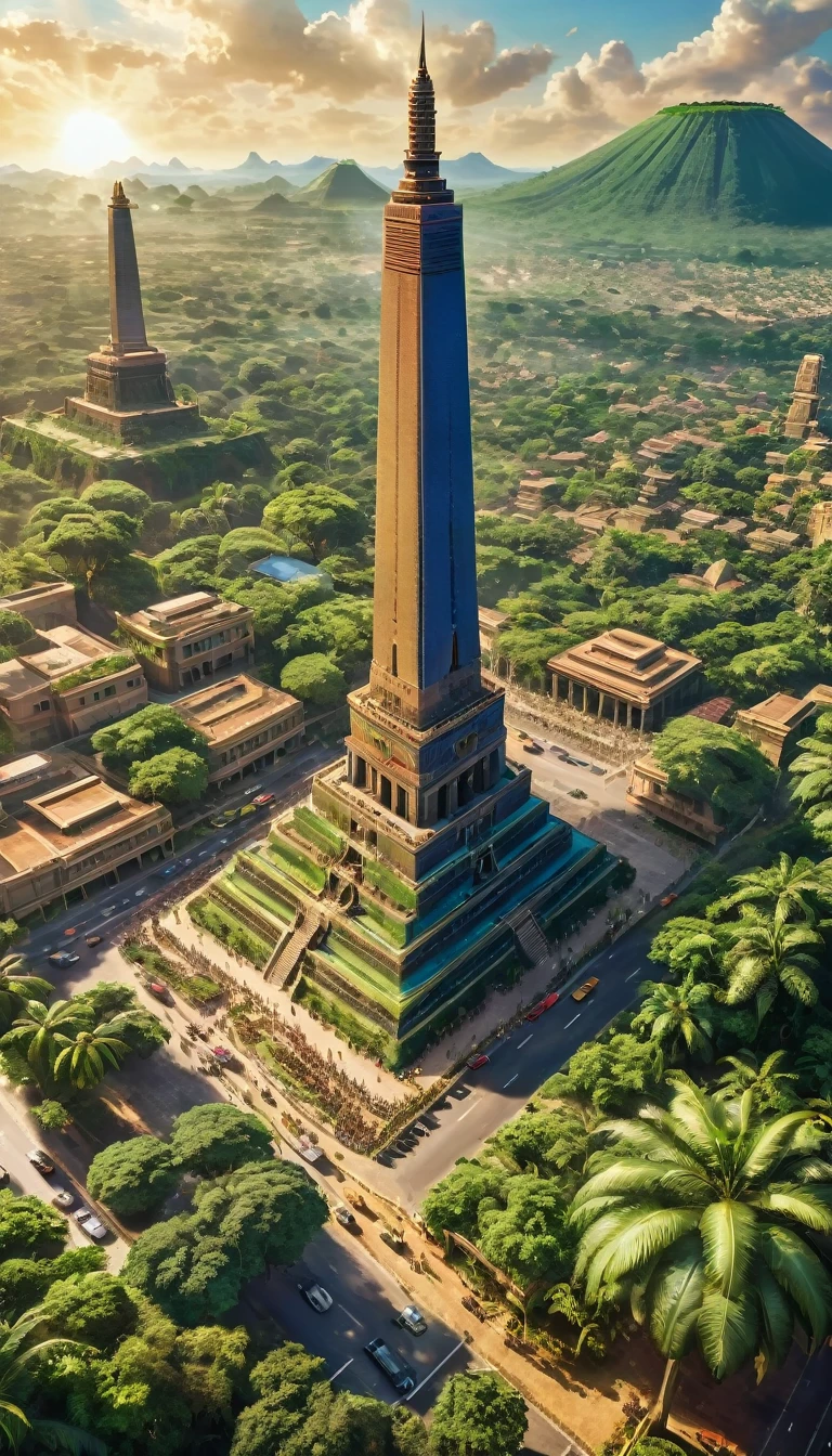 a very large african traditionnal empire, detailed, busy traffic, diverse people, colorful , towering monuments, lush greenery, aerial view, establishing shot, cinematic lighting, dramatic shadows, vibrant colors, photorealistic, 8k, HDR, hyper detailed, masterpiece, empire, sunbchine; good vibes 