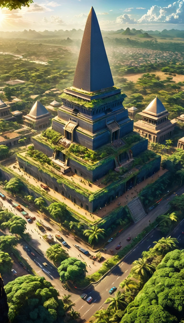 a very large african traditionnal empire, detailed, busy traffic, diverse people, colorful , towering monuments, lush greenery, aerial view, establishing shot, cinematic lighting, dramatic shadows, vibrant colors, photorealistic, 8k, HDR, hyper detailed, masterpiece, empire, sunbchine; good vibes