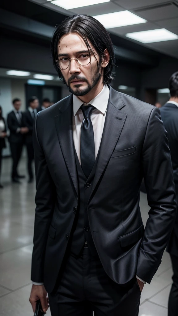 "Transform the image of a young man with dark skin, short hair and glasses in a version that looks like John Wick. He must be wearing an elegant navy blue slim fit suit, with a white shirt underneath and a black tie. Add black dress shoes to complement the look. Style your hair to look more social , similar to John Wick style. Add a short, well-groomed beard. Remove the glasses to create a look closer to John Wick. Posture should be confident and upright, with a serious and focused facial expression."