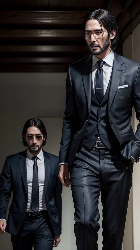 "Transform the image of a young man with dark skin, short hair and glasses in a version that looks like John Wick. He must be wearing an elegant navy blue slim fit suit, with a white shirt underneath and a black tie. Add black dress shoes to complement the look. Style your hair to look more social , similar to John Wick style. Add a short, well-groomed beard. Remove the glasses to create a look closer to John Wick. Posture should be confident and upright, with a serious and focused facial expression."