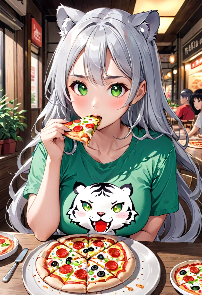 Pretty asian woman, bright silver hair, long hair, green eyes, tiger tshirt, perfect face, busty, sitting at a table, cute pose, about to eat a pizza, anime style 