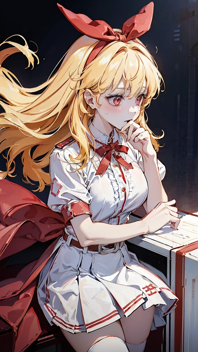 (Red ribbon on hair band:1.2),masterpiece, Highest quality, High resolution, One girl, alone, Blonde, Red eyes, High resolution, Good lighting, , (No nudity), (nurse,white nurse uniform,White shirt:1.3),(Open clothes:1.2),(Exposing breasts:1.2),(Skirt pulled:1.2),(White knee socks:1.1),, (((pointed_between legs,From below))), (((squat))), (garter belt), Abdominal area only, (), , Cute face,blush with embarrassment, Humiliating, ((See-through))()(Thong)(A lot of stuff is attached to the body,)